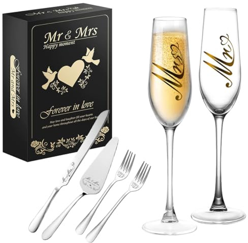 Champagneglas, bröllopstårtkniv och Sever, champagneglas och tårtkniv, serverset, tårtskärningsset för bröllop, förlovningshandskar för par (silver)