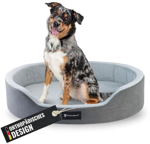 Pfotenglanz Panier orthopédique pour chien de taille moyenne - Coussin lavable avec matelas en mousse à froid - Gris - 85 x 65 cm - Canapé antidérapant - Panier pour chien - Lit douillet rond - (S)
