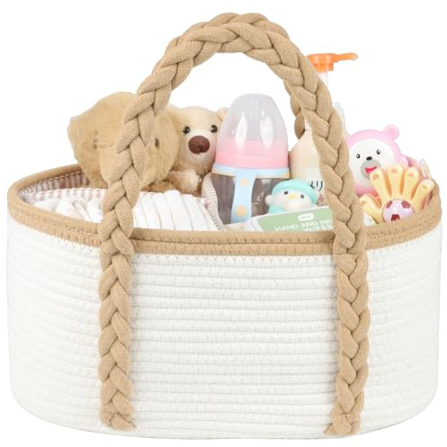 Baby Diaper Caddy, Portable Diaper Organizer for Changing Table, Car Travel Baby Shower Gifts Newborn Essentials, Cotton Rope Nursery Storage Basket for Boys Girls (White＆Khaki)