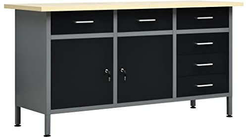 Emmtore Arbeitstisch mit 6 Schubladen 2 Schränken Höhenverstellbare Füße Werkstatt Werkbank Werktisch Packtisch Schwarz 160x60x85cm Stahl