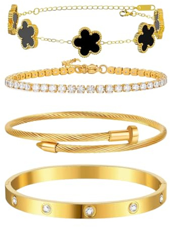 4 Pièces Bracelet Trèfle Femme 18K Plaqué Or Réglable Bracelets en Acier Inoxydable Trèfle à Quatre Feuilles Tennis Bracelet Set avec Zirconia Empilable Chanceux Bijoux pour Femme Filles (Noir)