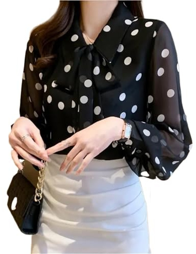 Camisas De Lunares para Mujer Camisa de Gasa con Estampado de Lunares for Mujer, Blusa de Manga Larga con Lazo y Cuello Vuelto, de una Sola Botonadura, for Primavera y Verano(XXL)