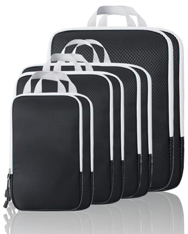 Compression Packing Cubes, 8 Set Packing Cubes for Travel Compression, Lightweight Compressible Package Organizer for Carry On and Suitcases, Black and Grey