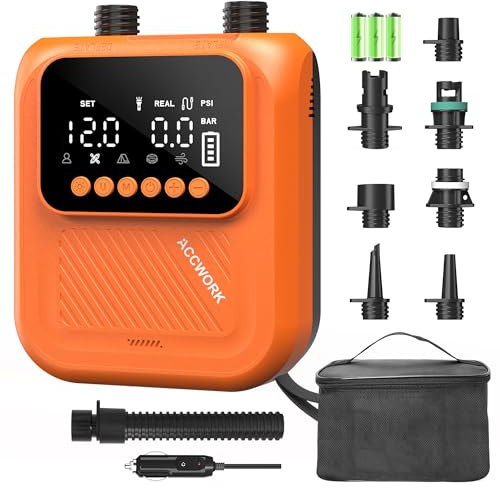 Accwork Pompa SUP Ricaricabile 20 Psi – Arresto Automatico, Gonfiare/Sgonfiare Pompa Batteria Elettrico Gonfiatore Materassi Gonfiabili, 7 Ugelli Per Sup, Canoa, Barca, Tenda, Kayak Gonfiabile