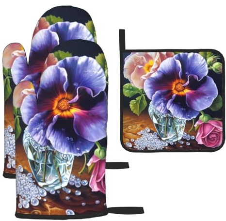 Flower Diamond Painting Print Oven Mitts and Pot Holders Sets of 3 Heat Resistant Kitchen Oven Gloves Hot Pads with Extended Coverage for Home Kitchen Decorations Cooking Baking BBQ Gifts