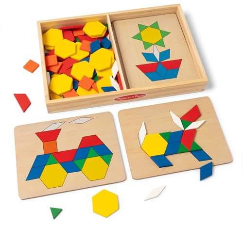 Melissa & Doug Pattern Blocks and Boards - Classic Toy With 120 Solid Wood Shapes and 5 Double-Sided Panels, Multi-coloured - STEAM Toy, Tangrams Puzzle For Kids Ages 3+