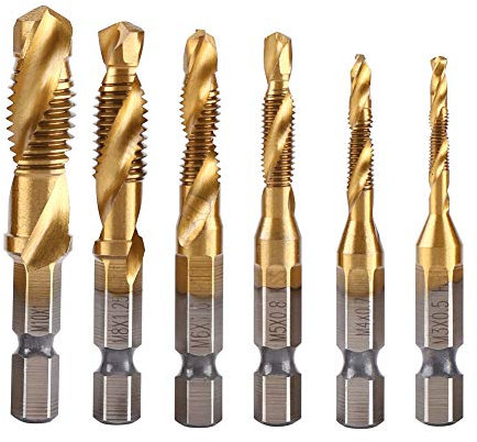 Hilitand 6pcs HSS Tap Drill Bit Set, 2 in 1 Combination Drills and Taps Set, M3 M4 M5 M6 M8 M10 Titanium Coated HSS Metric Hex Shank Screw Taps Tool Set