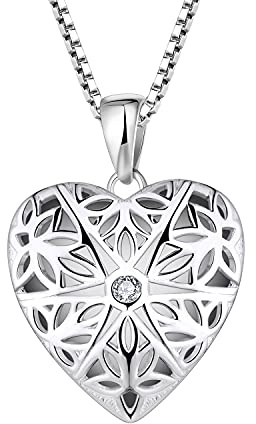 FJ Collana Medaglione Cuore con Foto Argento 925 Ciondolo Portafoto Medaglione Personalizzata con Zirconia Cubica Gioielli Regalo per Donna