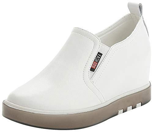 ANUFER Donna Zeppa Media Sneakers Pelle in Microfibra Senza Allacciatura Sportive Scarpe da Ginnastica Bianco SN020329 EU37