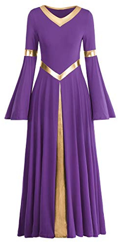 Metallic Gold V Neck Praise Dance Dress for Women Bi Color Block Liturgical Long Loose Fit Full Length Swing Worship Gown Ruffle Tunic Circle Skirt Costume Church Robe Praisewear Purple M