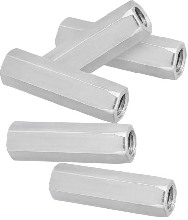M10 Coupling Nut, 50mm Zinc Plated Carbon Steel 5Pcs | Threaded rod connector joins bolts and studs, resists rust, hex design for standard wrenches, 50x14mm