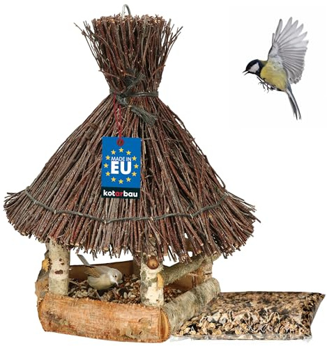 KOTARBAU® Mangeoire à Oiseaux à Suspendre - Bois et Osier - ⌀ 29 cm - Naturel Marron - Mangeoire Oiseaux Extérieur - avec Nourriture 0,5 kg - Jardin - Terrasse - Balcon Décoration