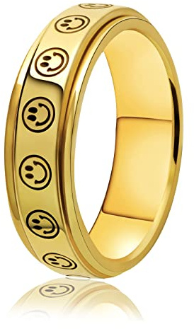 LAOYOU Fidget Spinner Ring For Anxiety Women – 6mm Gold Plated Stainless Steel Womens Smiley Face Spinner Rings Happy Face Band Stress Relief Anxiety Ring for Women Ladies Gold Size 11