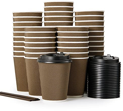LITOPAK 80 Pack 12 oz Paper Coffee Cups, Insulated Ripple Wall Hot Coffee Cups with Lid and Straws, Brown Three Layer Insulated Hot Beverage Cups for Parties, Picnic, and Travel