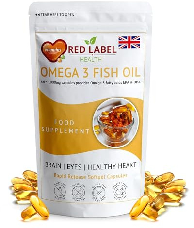 Red Label Health Omega 3 Fish Oil 1000mg, Pack of 30 Soft Gel Capsules (1 Month Supply), Double Strength 180mg EPA and 120mg DHA, Supports Eye, Heart & Brain Health for Men & Women - UK Made