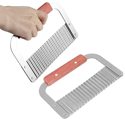 2PCS Potato Crinkle Cutter, Potato Crinkle Slicer French Fry Cutter for Potatoes Stainless Steel Wooden Handle Potato Chip Cutter Vegetable Wavy Cutter Cooking Hand Tool 18.6x12cm / 7.3x4.7in