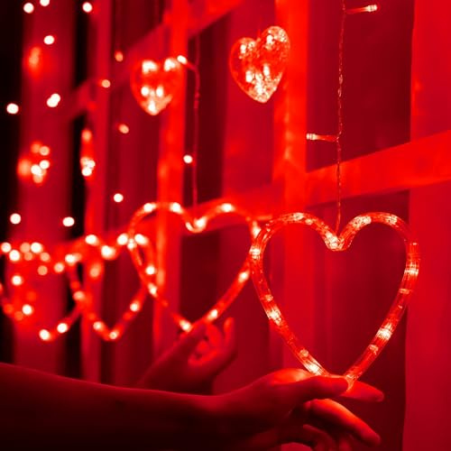 Efunly Valentines Day Decor Lights,138 LED 12-Heart-Shaped String Lights Waterproof,8 Modes Connetable 29V Plug in Curtain Lights for Kids Bedroom Wedding Party Valentines Day Decoration (Red)