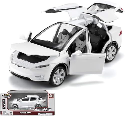TOPRON Modellbil Tesla Model X 1:32 skala, formgjuten legering elektronisk leksak med retryckningsfunktion, med ljus och musik, minifordonsleksak som present till barn (vit)