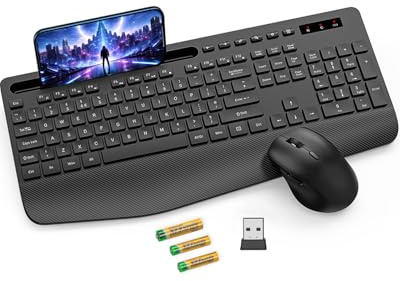 SABLUTE KM23D Wireless Keyboard and Mouse Set, 2.4G Ergonomic Cordless Set with Wrist Rest, Phone Holder, Batteries Included, Lag-Free Silent Keyboard and Mouse Combo for Laptop, PC, Mac, Windows