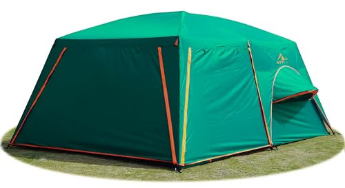 KTT Extra Large Tent 12 Person,Family Cabin Tents,Full Rainfly,2 Bay-Windows,2 Rooms and 3 Doors 3 Windows with Mesh,Waterproof,Straight Wall,Double Layer,Big Tent for Outdoor,Picnic,Camping(Green)