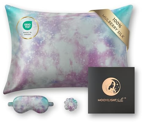 MOONLIGHT Silk Sleep Beauty Set 100% Seda de Morera, 22 Momme, 50x75 cm - Funda de Almohada | Antifaz para Dormir | Coletero - Grado 6A, Oeko-Tex Piel hidratada y sin Arrugas (Sueño Galáctico)
