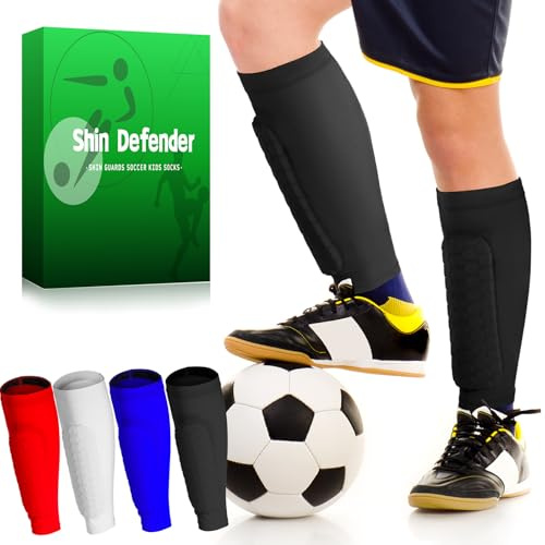 Shin Defender Shin Guards Soccer Kids Socks - Protective Gear for Youth Players (Black, M)