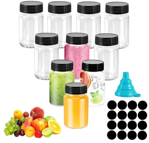 Tapvai 10 Pièces 60ml Mini Bouteille Verre, Petite Bouteille Shot de Jus, Petite en Verre Vide, Réutilisables Transparent Ginger Shot Bottle pour Jus, Lait, Miel, Confiture, Bonbons