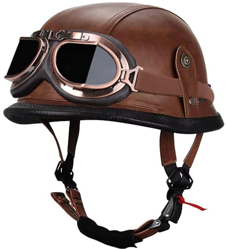 BDBLFLTZ Motorrad-Halbhelm Leder, DOT/ECE-Zertifiziert, Halbschalenhelm Schutzbrille, Retro-Offenzimmerhelm mit Verstellbarer Schnellverschlussschnalle,für Cruiser, Roller und Touring I,L(58-59cm)