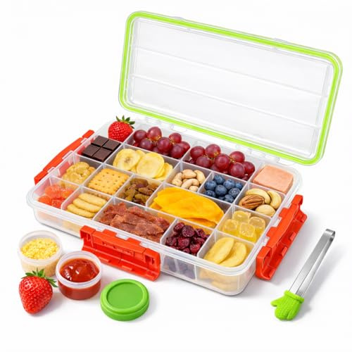 KCLROEO Snackle Box Container - Charcuterie Board with Lid & Handle, BPA-Free Snack Box Container with Adjustable Snack Containers, Portable Food Storage Organizer for Travel, Picnic, or Parties