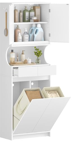 Hzuaneri Mobile da Bagno Alto, Armadio a Colonna da Bagno Salvaspazio, Con cesto portabiancheria pieghevole, Ripiani Regolabili, per Soggiorno, Lavanderia, 30 x 60 x 174 cm, Bianco BC46013X
