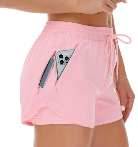 Cheerful Mario 2 en 1 Femme Running Short de Sport été pour Fitness Jogging Entraînement Poche avec Zippées Rose S