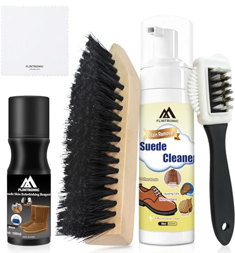 flintronic Kit pour de Chaussures 5 pièces, Brosse et Chiffon Inclus, Agents de Nettoyage et Agents Correcteurs de Couleur, pour L'entretien Nettoyage et Lustrage de Bottes et Chaussures en Cuir