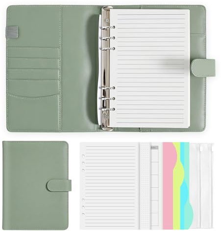Xnegau Cuaderno A5 de Anillas Recargable, 165 Hojas, Agenda de Cuero PU con Separadores, Bolsillos con Cremallera y Ranuras para Tarjetas, Organizador A5 para Escuela, Oficina, Viaje