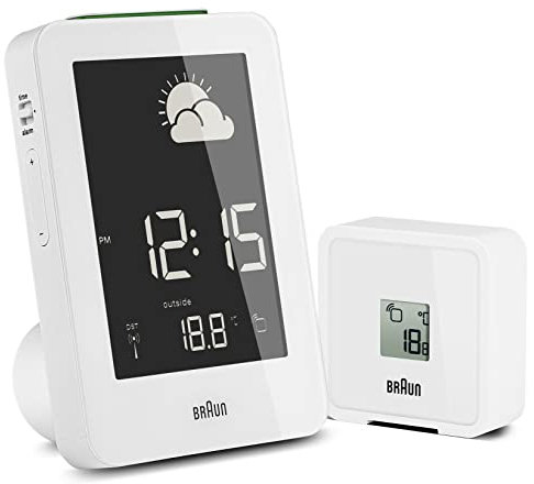 Orologio Sveglia Digitale a Radiocontrollo Multiregionale Braun con Stazione Barometrica, Indicazione Temperatura e Umidità Interne ed Esterne, Previsione Meteo, Display LCD Negativo, Funzione Quick Set, Segnale Acustico della Sveglia, in Bianco, modello BNC013WH-RC.