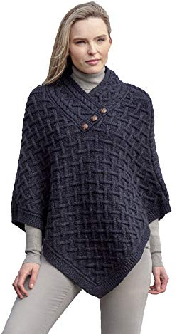 Aran Crafts Women's Irish Cable Knit Wool Nua Button Poncho (N101-M/L-IMAR)