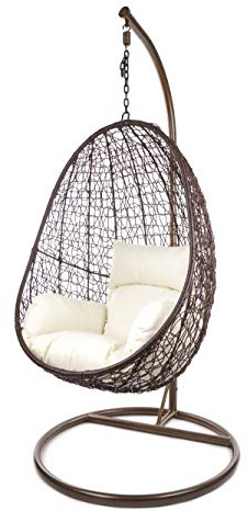 Kideo® set completo: poltrona sospesa con telaio e cuscini, seduta lounge in rattan sintetico. Colore telaio e cesto: marrone. Cuscini: Nest, avorio (0050 ivory)