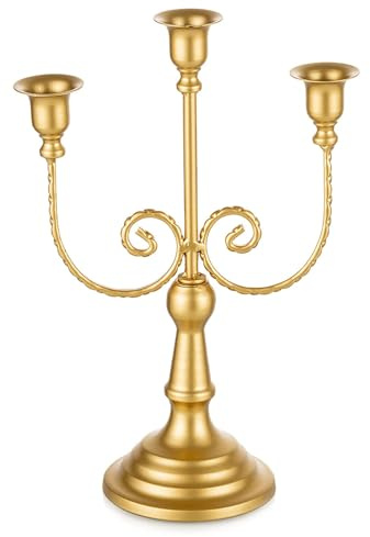 Romadedi Candelabra Gold Candle Holders - 3 Arm 11.8 Wedding Candlestick Holder for Theme Party Table Centerpiece Decor Dining Room Birthday Holiday Christmas