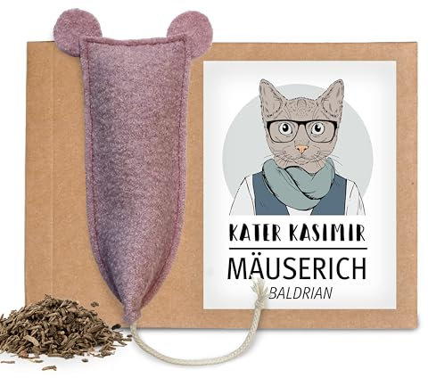 Kater Kasimir MÄUSERICH - die handgenähte XL Katzenspielzeug Maus mit Baldrian-Füllung zur Selbstbeschäftigung, Baldrian Kissen für Katzen, Duftkissen mit Baldrian