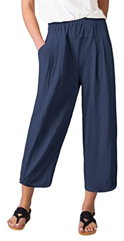 PASUDA Pantalon Femme Été Coton Lin 7/8 Pantalons Fluide Large Taille Haute Elastique Décontractée Pantacourt Solide Couleur Léger Sport Longueur Pants avec Poches (Marine, M)