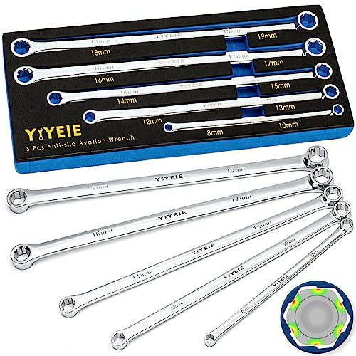 YIYEIE 5-Piece Extra Long Box End Wrench Set, Metric 8mm-19mm, 6 Point Extended Bolt Extractor Wrench, CR-V Labor-Saving Aviation Spanner with EVA Foam
