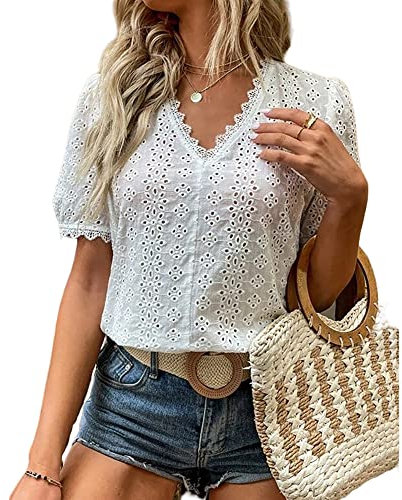 KCatsy Women Cotton Lace Embellished Broderie Anglaise Openwork Floral Flower Short Sleeve Summer Elegant Top V-Neck Pointelle-Trim Shirt T-Shirt Tee Blouse A White S 10