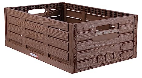 Boîte pliable robuste au design bois - 60 x 40 x 21,8 cm (L x l x h) - Panier à provisions empilable et pliable - 45 l - Caisse pliante robuste - Caisse à légumes et à fruits