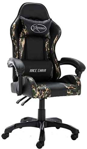 vidaXL Silla Gaming Giratoria Asiento Sillón Muebles Ajustable Estudio Escritorio Videojuegos Oficina Ordenador de Cuero Sintético Negro y Camuflaje