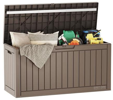 EAST OAK Outdoor Storage Box, 60 Gallon Deck Box Indoor and Outdoor Use, Waterproof Resin Storage Bin for Patio Cushions, Gardening Tools, Lockable, UV Resistant, Brown