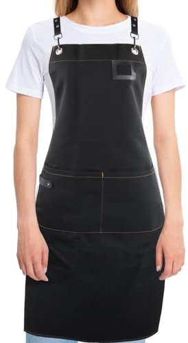 Canvas Work Aprons, Black Chef Cooking Aprons, Canvas Waterproof Apron, Cross Back Work Aprons, Unisex Adjustable Apron with Pockets for Home Kitchen, Restaurant, Coffee House