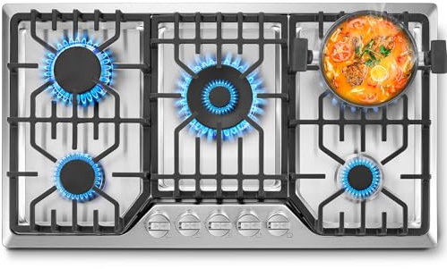 Amzgachfktch Gas Cooktop 36 inch with 5 Italy Sabaf Sealed Burners, Max 48,300 BTU Built-in Gas Stove Top, Propane Cooktop with 304 Stainless Steel Panel, NG/LPG Convertible, CSA Certified