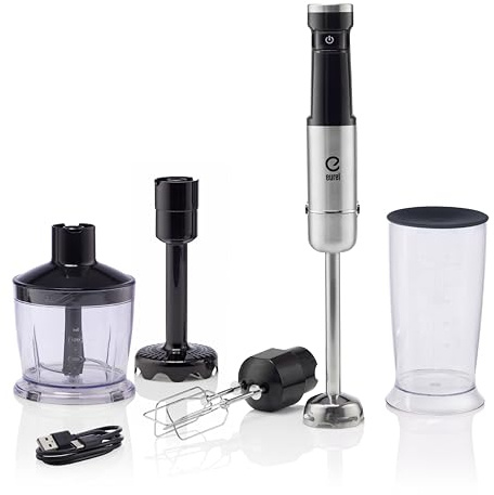 EUREL PREMIUMLine MP94 Stabmixer Set – Kabelloser Pürierstab mit 200W DC-Motor, 10 Geschwindigkeiten, Doppel-Schneebesen, Zerkleinerer, Kartoffelstampfer & 800ml Messbecher
