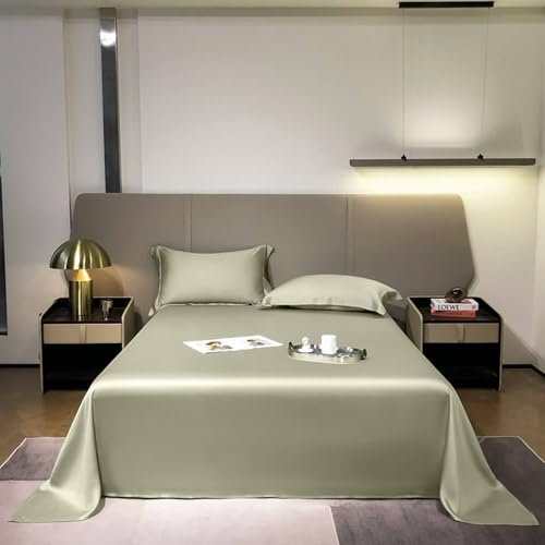 Mesnt Flaches Blatt, 160x230cm Einfarbig Betttuch mit 2 Kopfkissenbezügen aus Lyocell-Fasern MatratzenüBerzug, Komfortabel, Helles Olivgrün