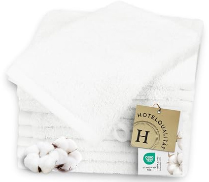 ZOLLNER Lot de 10 Gants de Toilette 17x21 cm - Gants de Toilette particulièrement Doux et absorbants, Couleur Blanche - avec Crochet Pratique - lavables jusqu'à 95 °C - Coton - qualité hôtelière
