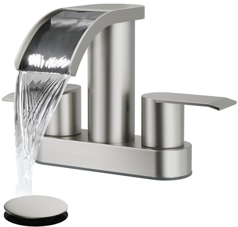 gotonovo 4 Inch Centerset Waterfall Bathroom Sink Faucet Deck Mount 2 Handle Basin Faucets 2 or 3 Hole with Pop Up Drain Included Lavatory Modern Mixer Tap Vanity Faucet Brushed Nickel